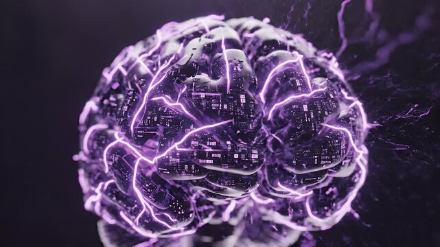 Digital brain with glowing purple energy circuits emanating from its surface