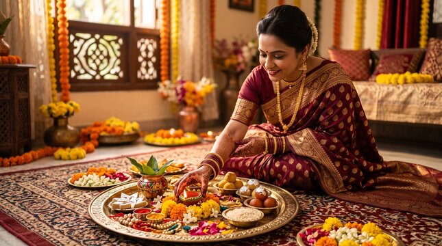 Indian woman in a rich maroon saree arranging a thali with diyas, sweets, and flowers for a festive puja ceremony