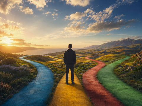Lone figure at picturesque multi-path crossroads, contemplating significant life decisions amidst beautiful sunset over expansive ocean and rolling hills, symbolizing future journeys and new beginning