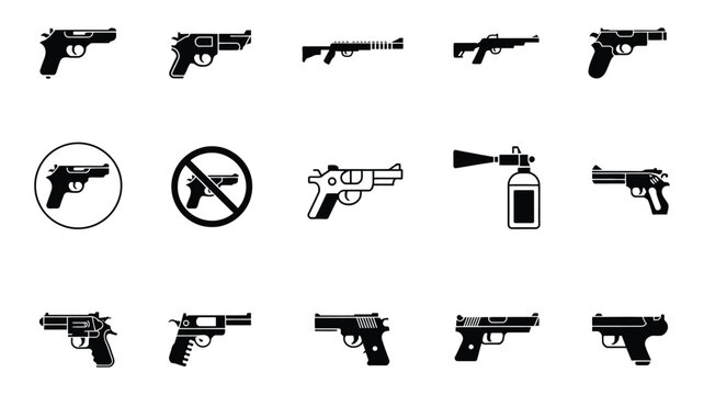Weapon icon set, firearm, pistol, rifle, security, defense, military, shooting, tactical, law enforcement, clean editable vector, isolated on transparent background.