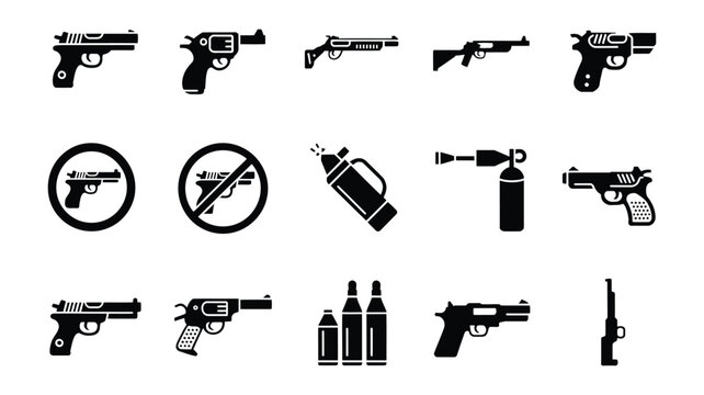 Weapon icon set, firearm, pistol, rifle, security, defense, military, shooting, tactical, law enforcement, clean editable vector, isolated on transparent background.