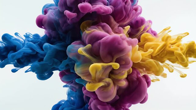 Vivid blue, pink, and yellow abstract ink clouds swirl and collide