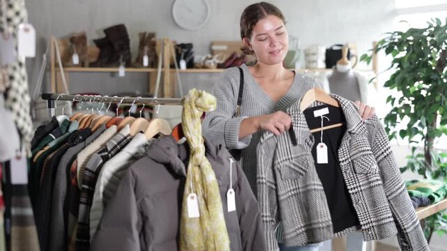 Positive young woman looking for winter coat in retail outlet with large assortment 