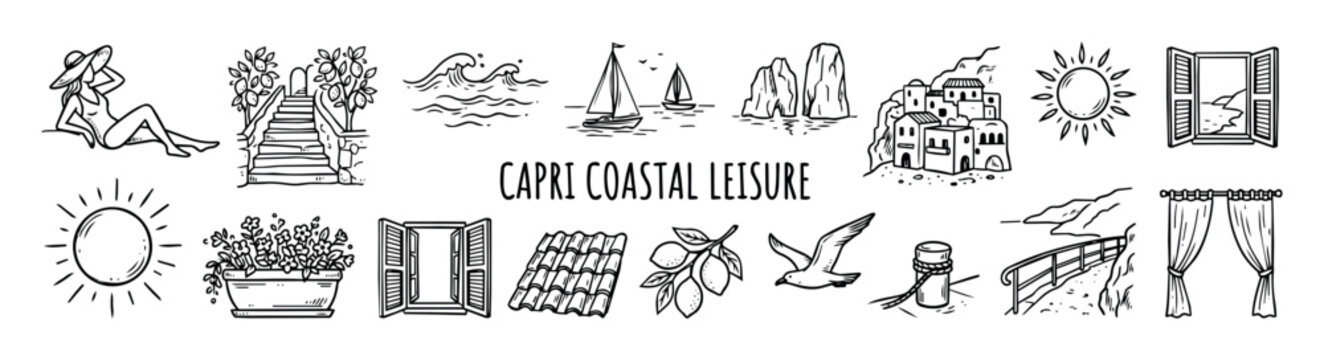 Capri coastal leisure vector illustrations set featuring Mediterranean scenes with sunbathing woman, coastal stairs, sea waves, sailboats, rocky cliffs, hillside village, sun icons, window shutters