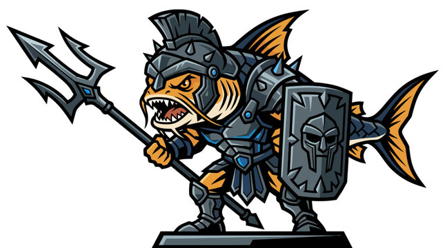 Armored fish gladiator holding trident and shield