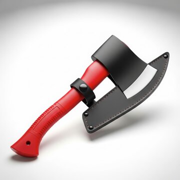 Red handled axe with black blade sheath on white background
