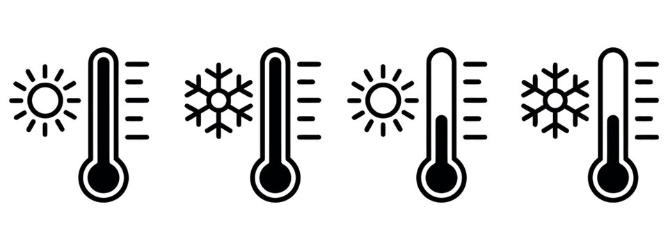 Set of black thermometer icons showing hot and cold temperature variations on white background.