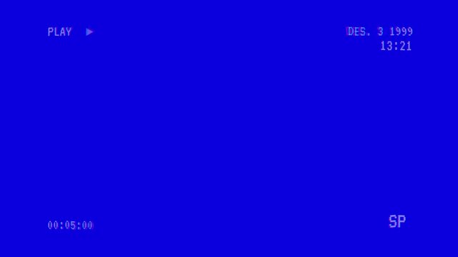 Retro vhs blue screen background with glitch distortion effects and playback overlay, 4k vhs play video
