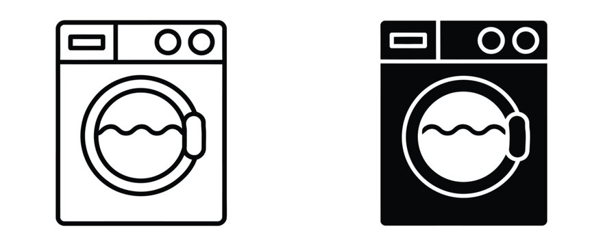 Washing machine icon set, laundry appliance, outline, filled, washer, home appliance, laundry room, UI, signage, branding, editable vector, isolated on transparent background.