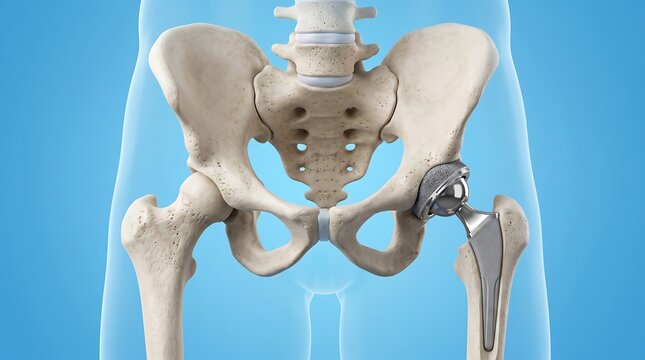 Human pelvis with metallic hip replacement implant for surgery