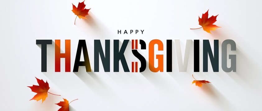 Bold 3D Happy Thanksgiving Typography with Modern Gradient Lettering and Floating Maple Leaves on Clean Minimal Light Background