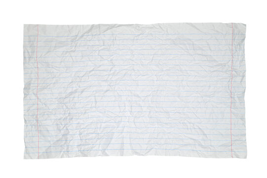 crumpled lined notebook paper sheet with margin on white isolated background
