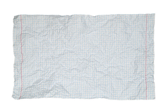 crumpled notebook sheet in blue grid with red margin isolated