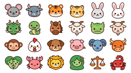 Fototapeta premium Cute cartoon zodiac animals and symbols collection
