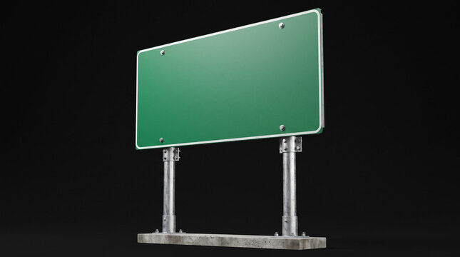 Blank green highway sign on metal poles against black background.