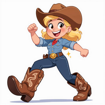 Playful cartoon cowboy woman beams brightly with a goofy grin and sparkling eyes.