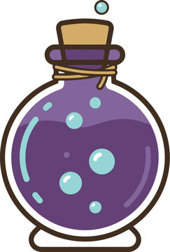 Whimsical bubbling purple potion bottle with cork for magic game illustration