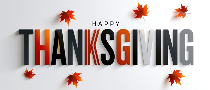 Bold 3D Happy Thanksgiving Typography with Modern Gradient Lettering and Floating Maple Leaves on Clean Minimal Light Background