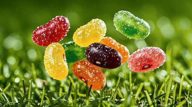 Colorful, sugar-dusted candies floating in vibrant green grass