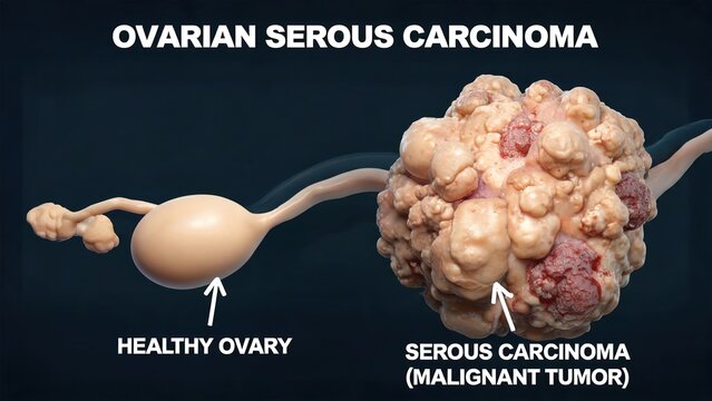 Realistic 3D medical render comparison between healthy ovary and ovarian serous carcinoma, solid irregular malignant tumor with hemorrhagic nodules, gynecological oncology educational diagram dark tea