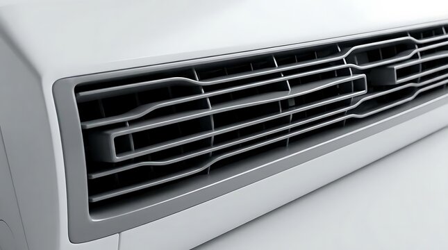 A close-up view of a modern white wall mounted air conditioner showing the detailed geometric design of the ventilation grilles for home ar condicionado