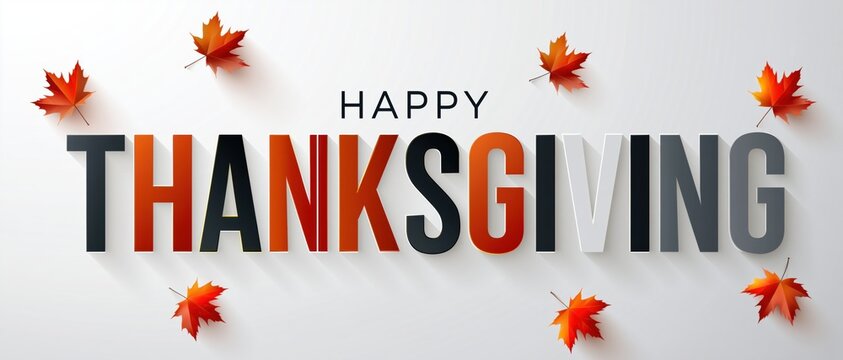 Bold 3D Happy Thanksgiving Typography with Modern Gradient Lettering and Floating Maple Leaves on Clean Minimal Light Background