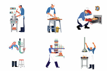 Fototapeta premium Vector Illustration Set of a Professional Male Chef in Various Cooking and Kitchen Tasks Activities Isolated on White Background