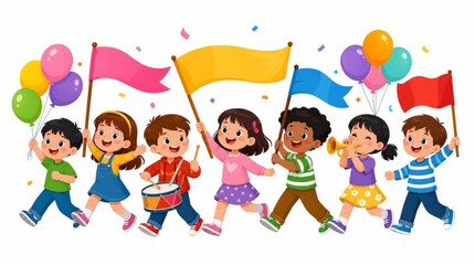 Fototapeta premium A group of children joyfully marching while holding balloons and colorful flags. This illustration captures a festive atmosphere perfect for celebrations.