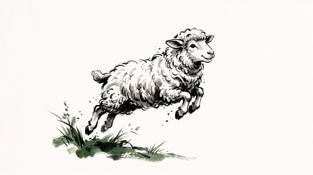 Sumi-e style illustration of a sheep jumping over grass