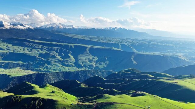 Aerial view of rolling green hills and distant snow-covered mountain peaks under a bright sky, Kalajun Grassland, Xinjiang, China.