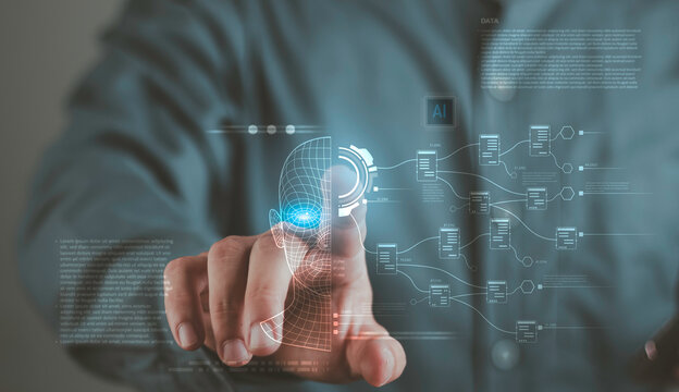Advanced artificial intelligence head wireframe with neural network data nodes. Businessman touching digital human brain interface for machine learning and futuristic data technology concept.