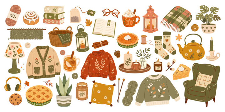 Cozy autumn hygge collection with knitted sweaters, tea, candles, books, pumpkins, blankets and home decor. Perfect for seasonal designs, planners, stickers and cozy branding. Vector illustration