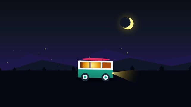 A cute vintage camper van driving along a dark road under a crescent moon at night, vector illustration