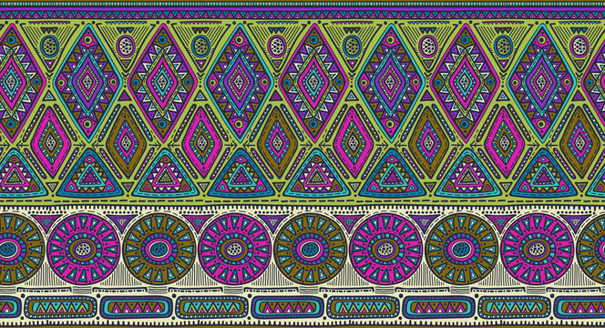  seamless pattern with black and white hand drawn triangles, ornate birds.