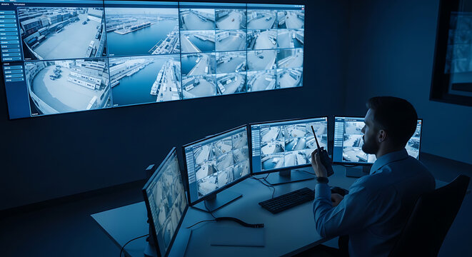Male security officer using walkie-talkie while monitoring multi screen CCTV surveillance station