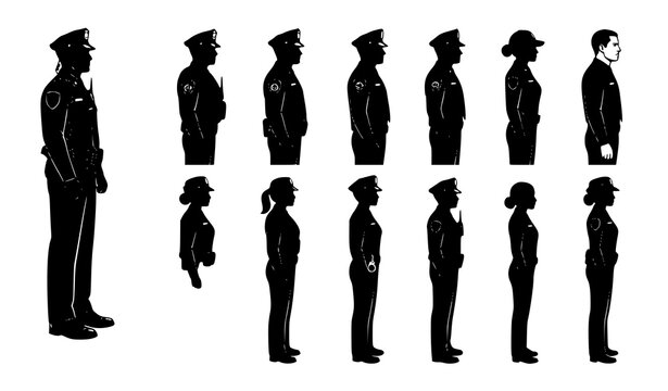 Police Officer Side Profile Silhouette Collection Black Uniform Vector Illustration