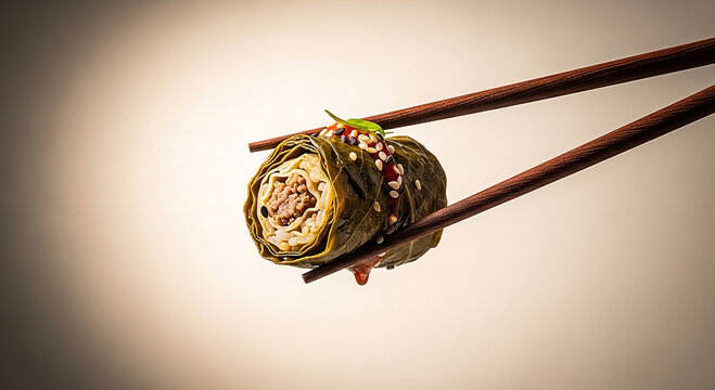 Sarma held with chopsticks fusion concept, cultural contrast, studio lighting