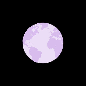 Minimalist purple earth globe illustration featuring simple continents isolated against a deep solid black background space