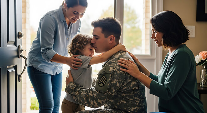 Military soldier hugging his young child and family upon homecoming