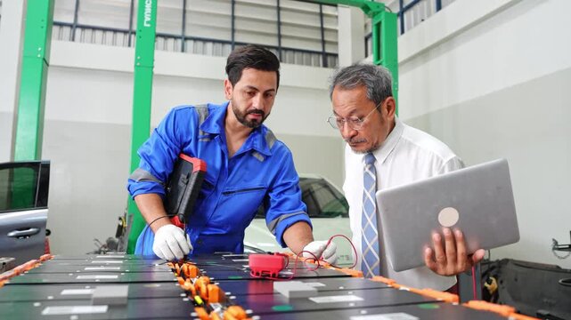 Engineers working together on electrical devices in a contemporary workshop environment