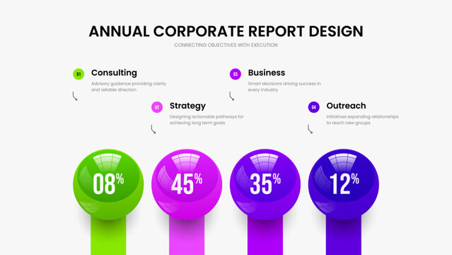 Market Visualization Presentation Layout Vector Illustration. Financial Launch 4 Option Graph Slide Template. Modern Portfolio Four Step Chart Slideshow Design.