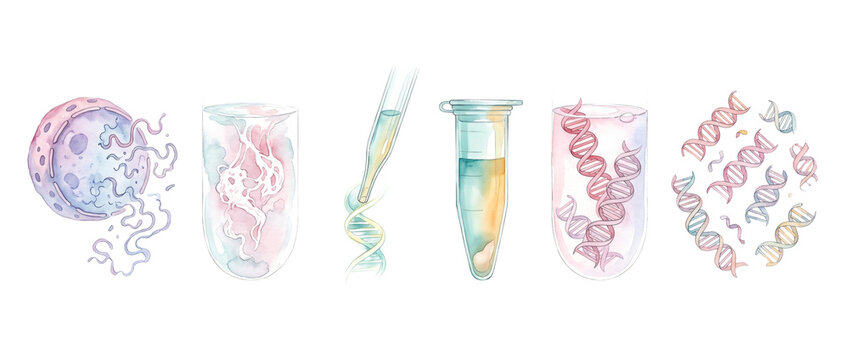 DNA extraction lab scientific illustration set depicting genetics biotechnology research cell biology experiment test tube pipette watercolor isolated on black background concept art design banner