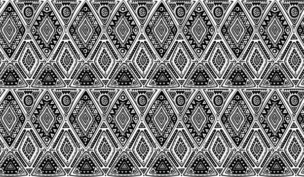  seamless pattern with black and white hand drawn triangles, ornate birds.
