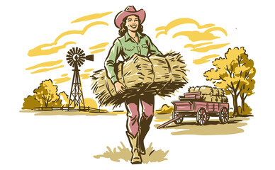 Vintage farm cowgirl carrying hay bale. Retro country lifestyle graphic for t-shirt print. Western ranch girl illustration with windmill and cart.