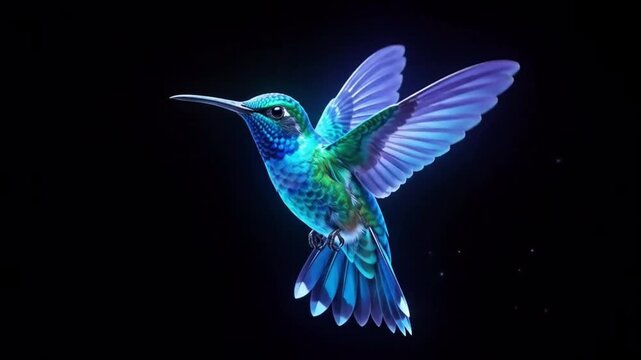 Animation fantasy glowing blue hummingbird with luminous wings on black background.