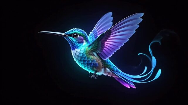 Animation fantasy glowing blue hummingbird with luminous wings on black background.