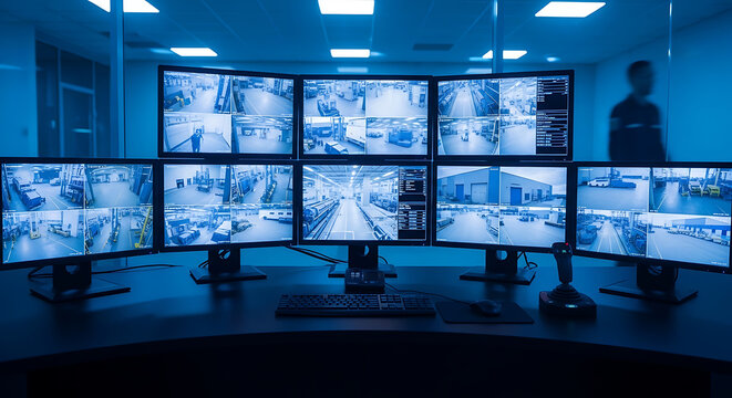 Security monitoring station featuring multiple CCTV video screens overlooking industrial facility operations