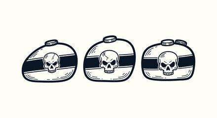 Set of Three Hand Drawn Motorcycle Fuel Tanks with Skull Graphic Designs for Biker Art Projects © Bilkis Islam