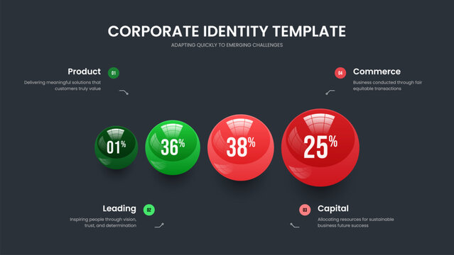 Marketing Performance Four Element Infographic Presentation Template. Creative Portfolio Slide Design Vector Illustration. Visual Introduction 4 Step Chart Slideshow Layout.