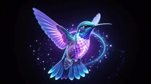 Animation fantasy glowing purple hummingbird with luminous wings on black background.
